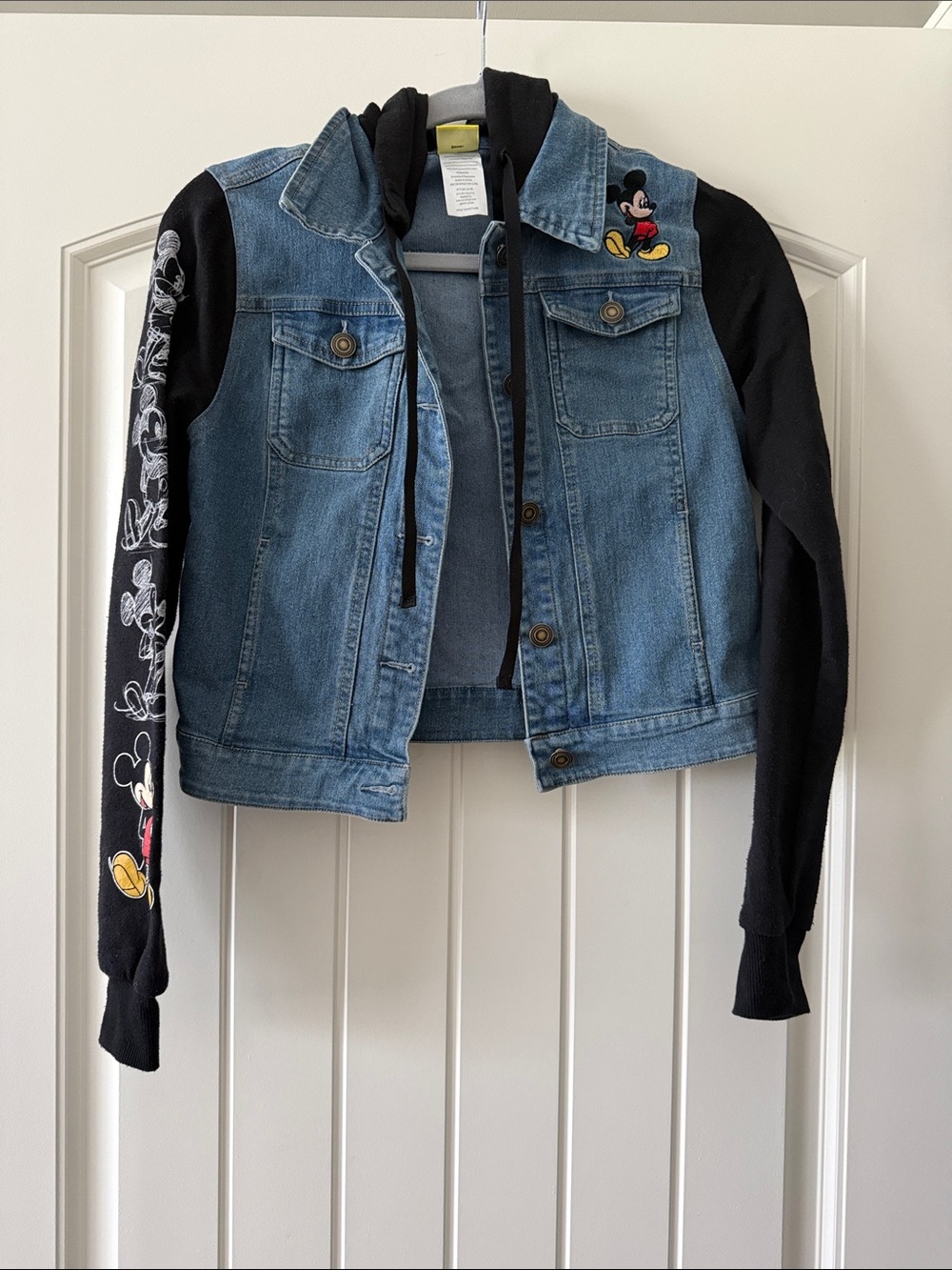 Disney Two-Tone Denim Jacket with Black Hoodie Sleeves and Mickey Embroideries